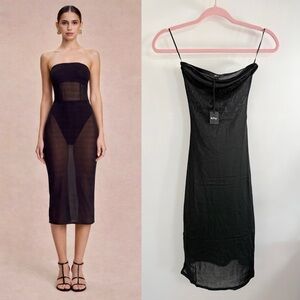 Khy by Kylie Jenner Strapless Mesh Midi Dress in Black